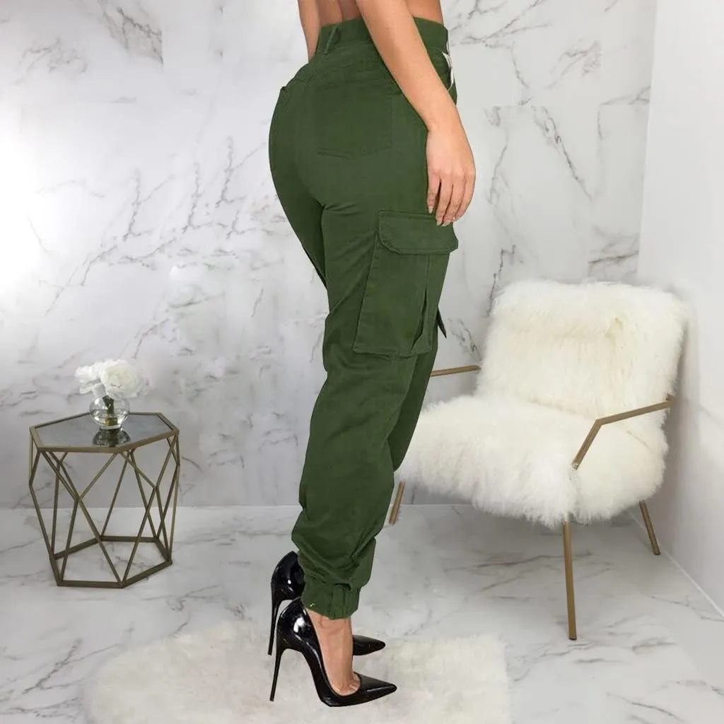 Women's Cargo Hiking Pants Casual Athletic Long Work Trousers with Multiple Pockets Solid Color Outdoor Pants