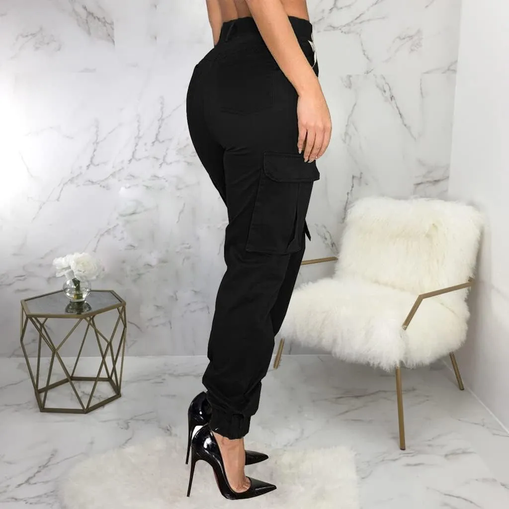 Women's Cargo Hiking Pants Casual Athletic Long Work Trousers with Multiple Pockets Solid Color Outdoor Pants