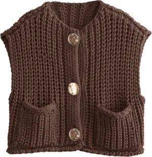 Womens Casual Chunky Knit Vest Gold Button Down Crop Crochet Sleeveless Sweater Vest