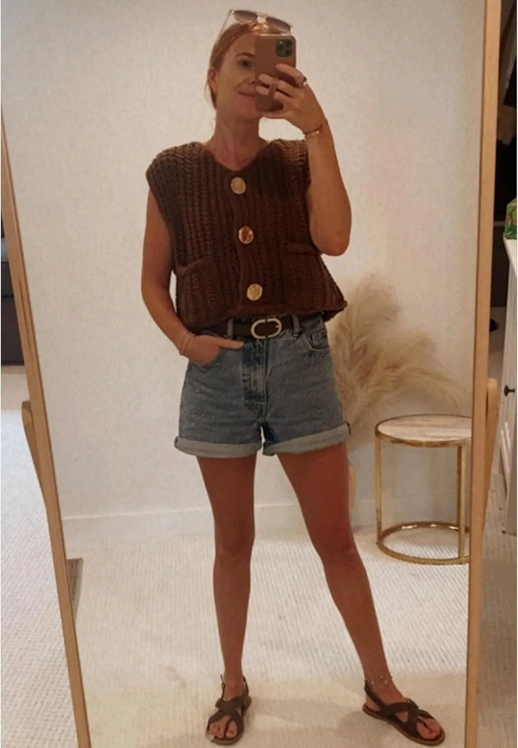 Womens Casual Chunky Knit Vest Gold Button Down Crop Crochet Sleeveless Sweater Vest