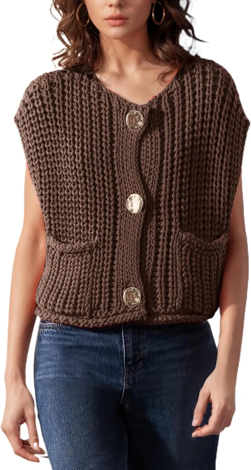 Womens Casual Chunky Knit Vest Gold Button Down Crop Crochet Sleeveless Sweater Vest