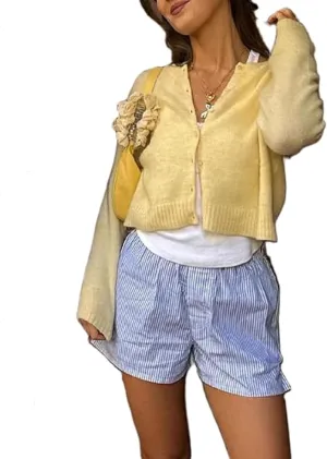 Women's Casual Crop Knit Cardigan Y2K Cute Long Sleeve Crewneck Open Front Button Down Cardigan Sweaters Streetwear