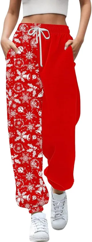 Womens Casual Harem Pants High Waist Drawstring Elastic Waist Trousers Christmas Print Pants for Women Comfy Baggy