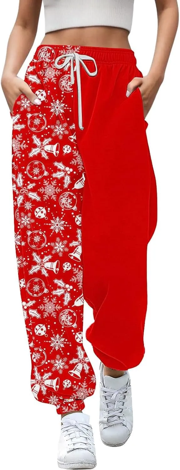 Womens Casual Harem Pants High Waist Drawstring Elastic Waist Trousers Christmas Print Pants for Women Comfy Baggy