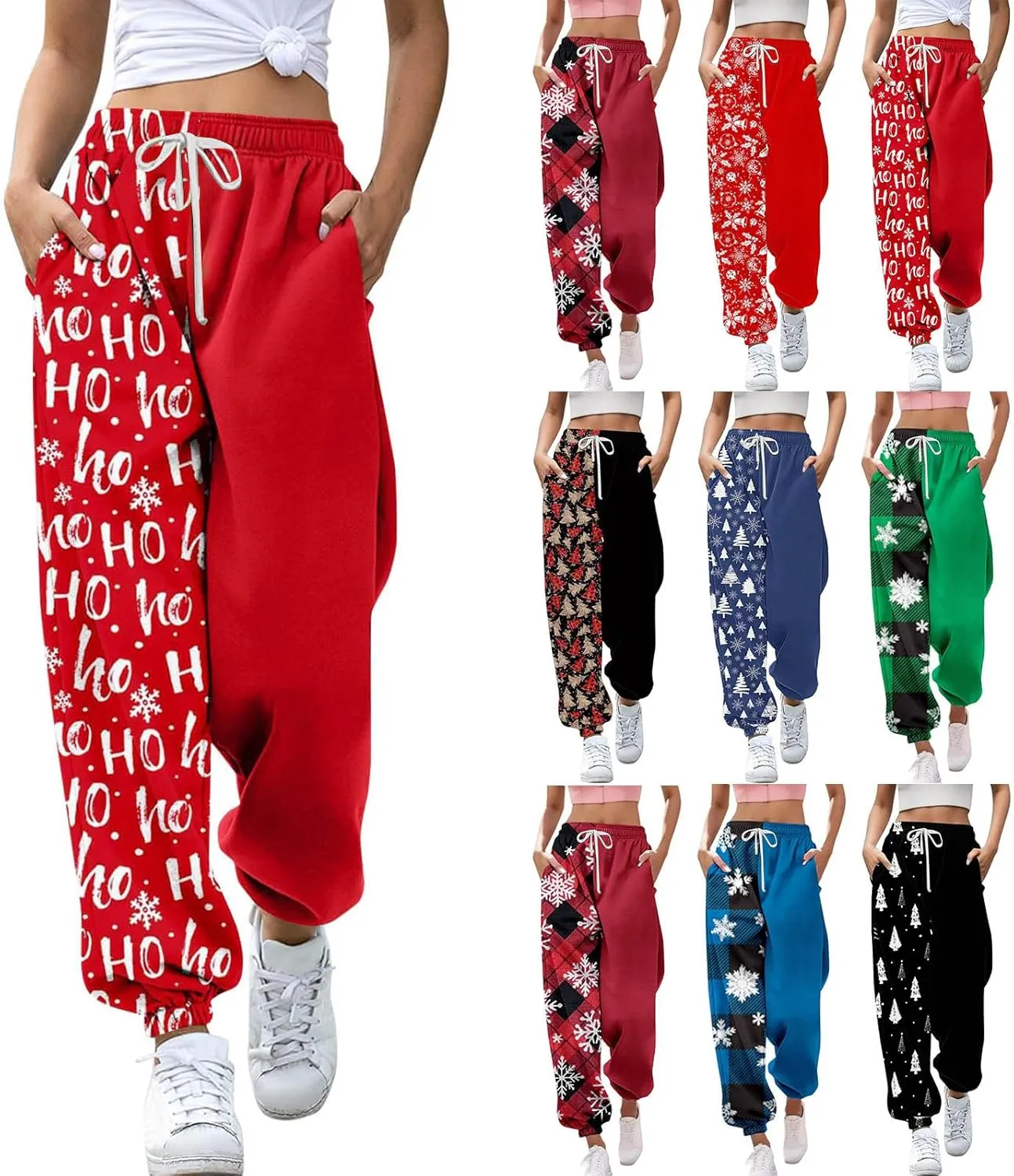 Womens Casual Harem Pants High Waist Drawstring Elastic Waist Trousers Christmas Print Pants for Women Comfy Baggy