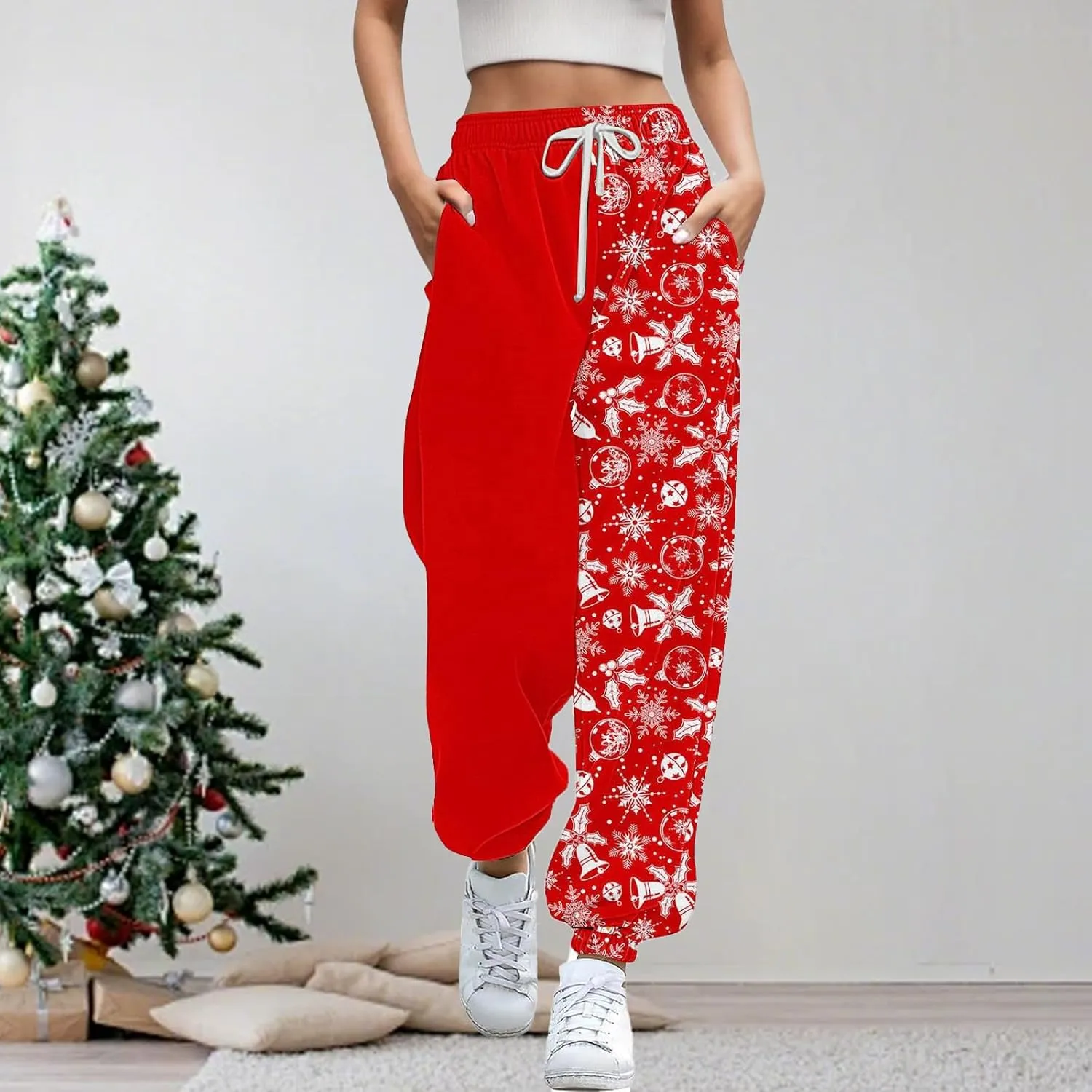 Womens Casual Harem Pants High Waist Drawstring Elastic Waist Trousers Christmas Print Pants for Women Comfy Baggy