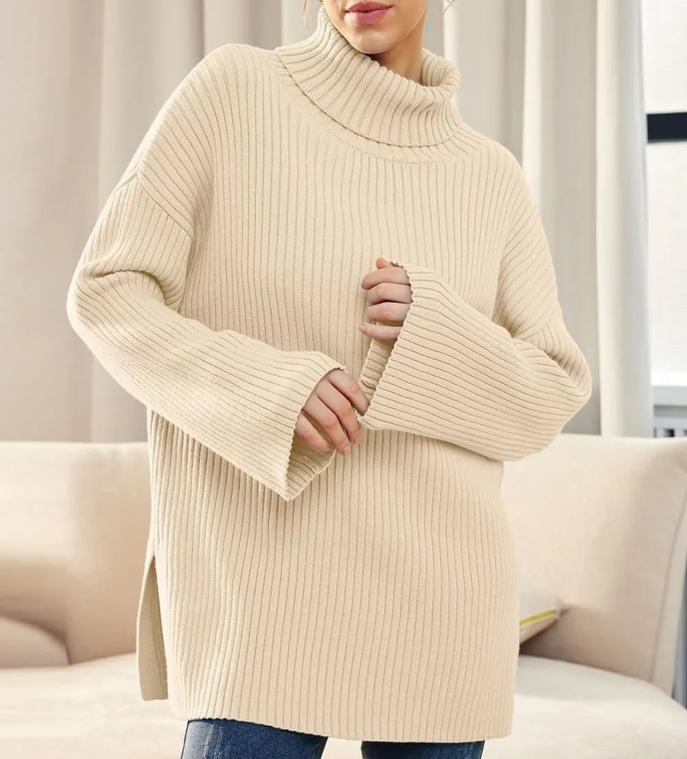 Women's Casual Loose Ribbed Knitted Turtleneck Pullover, 2025 Casual Loose Ribbed Knitted Long Sleeve Chunky Sweater top