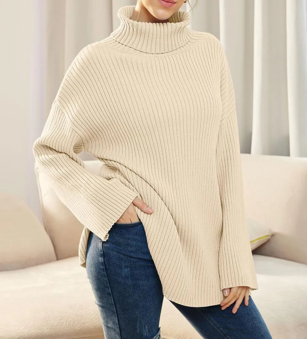 Women's Casual Loose Ribbed Knitted Turtleneck Pullover, 2025 Casual Loose Ribbed Knitted Long Sleeve Chunky Sweater top