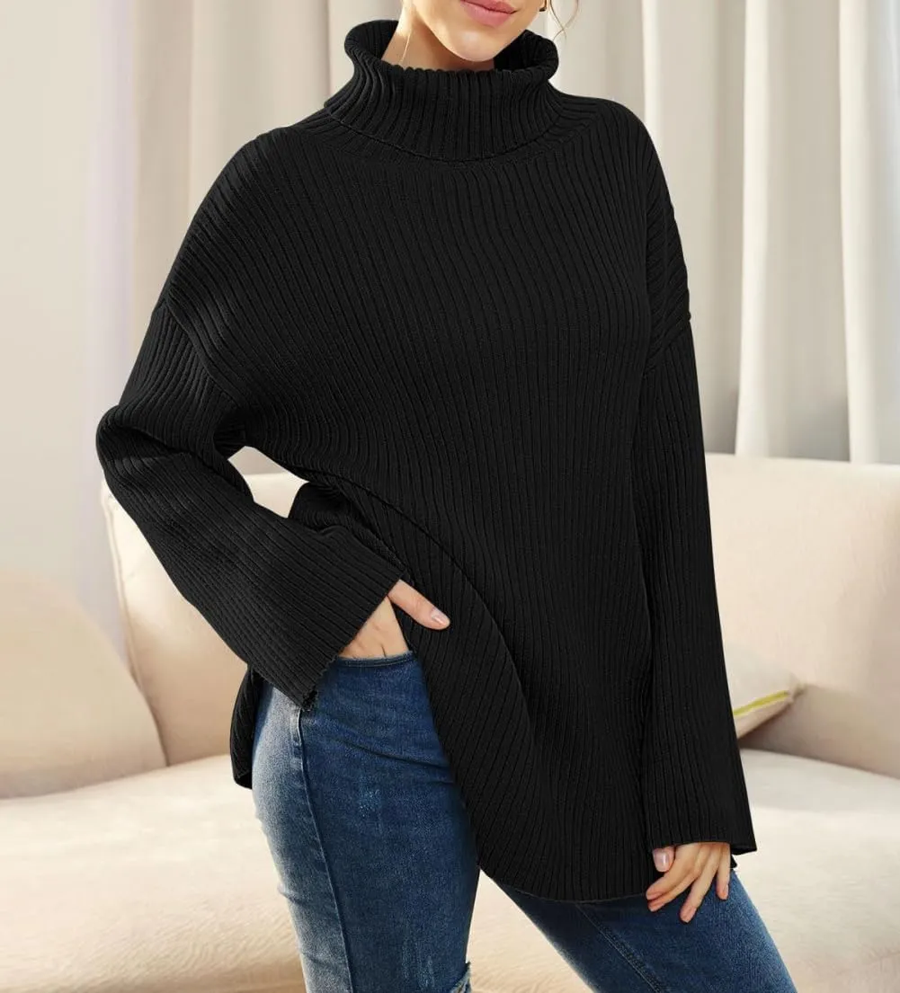 Women's Casual Loose Ribbed Knitted Turtleneck Pullover, 2025 Casual Loose Ribbed Knitted Long Sleeve Chunky Sweater top