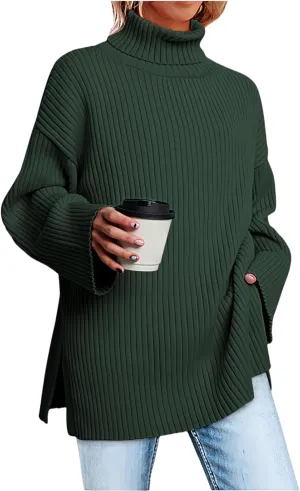 Women's Casual Loose Ribbed Knitted Turtleneck Pullover, 2025 Casual Loose Ribbed Knitted Long Sleeve Chunky Sweater top
