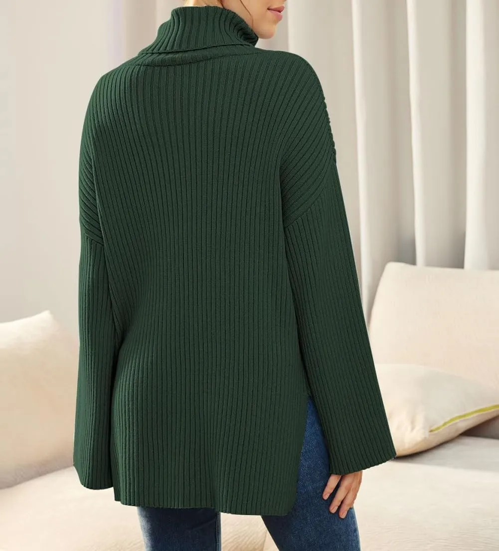 Women's Casual Loose Ribbed Knitted Turtleneck Pullover, 2025 Casual Loose Ribbed Knitted Long Sleeve Chunky Sweater top
