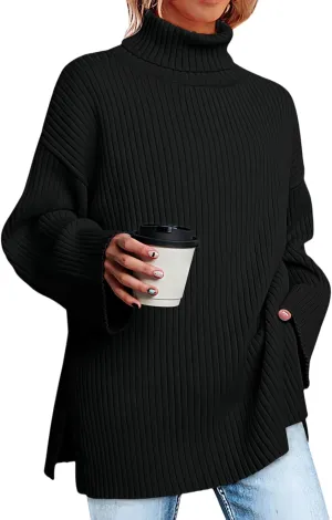 Women's Casual Loose Ribbed Knitted Turtleneck Pullover, 2025 Casual Loose Ribbed Knitted Long Sleeve Chunky Sweater top