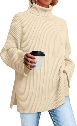 Women's Casual Loose Ribbed Knitted Turtleneck Pullover, 2025 Casual Loose Ribbed Knitted Long Sleeve Chunky Sweater top