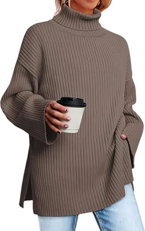 Women's Casual Loose Ribbed Knitted Turtleneck Pullover, 2025 Casual Loose Ribbed Knitted Long Sleeve Chunky Sweater top