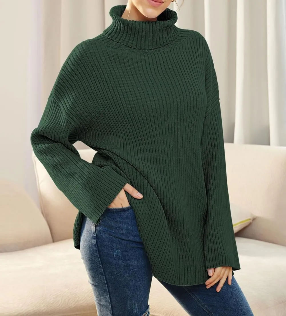 Women's Casual Loose Ribbed Knitted Turtleneck Pullover, 2025 Casual Loose Ribbed Knitted Long Sleeve Chunky Sweater top
