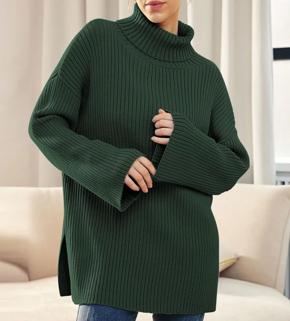 Women's Casual Loose Ribbed Knitted Turtleneck Pullover, 2025 Casual Loose Ribbed Knitted Long Sleeve Chunky Sweater top