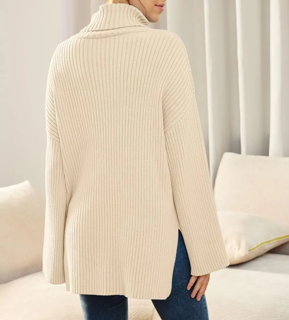 Women's Casual Loose Ribbed Knitted Turtleneck Pullover, 2025 Casual Loose Ribbed Knitted Long Sleeve Chunky Sweater top
