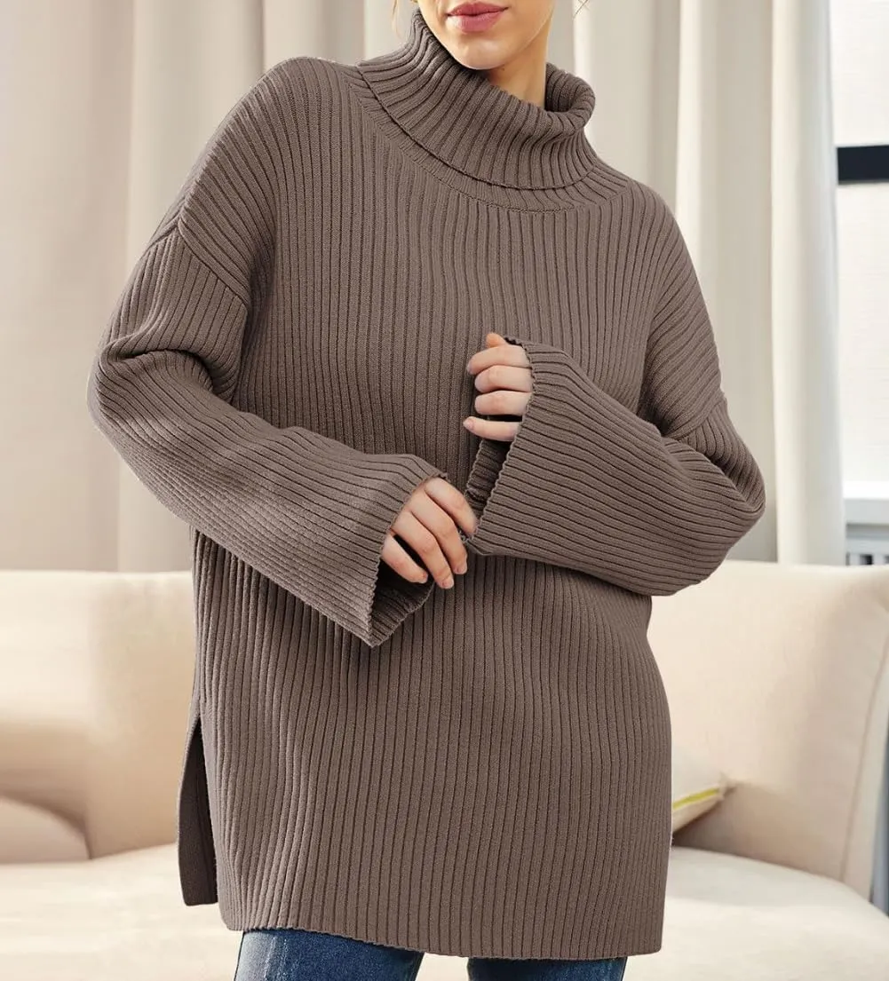 Women's Casual Loose Ribbed Knitted Turtleneck Pullover, 2025 Casual Loose Ribbed Knitted Long Sleeve Chunky Sweater top