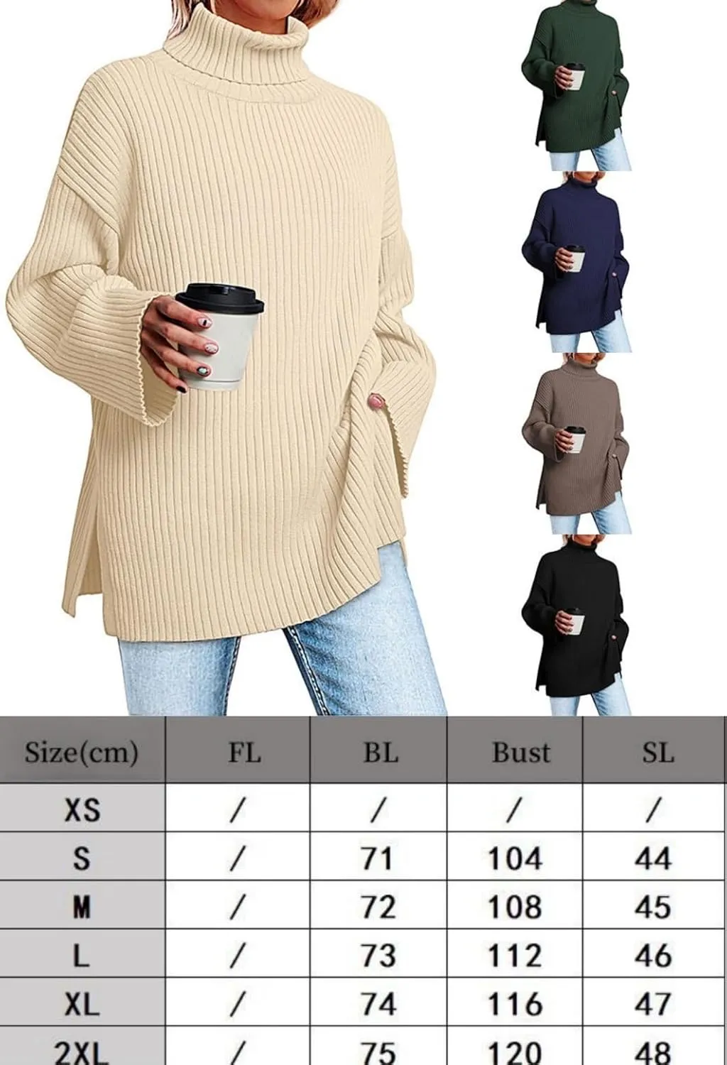 Women's Casual Loose Ribbed Knitted Turtleneck Pullover, 2025 Casual Loose Ribbed Knitted Long Sleeve Chunky Sweater top