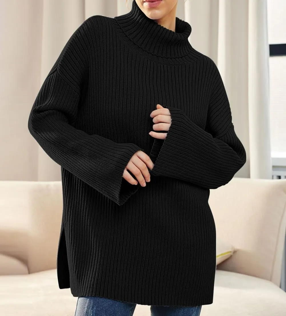Women's Casual Loose Ribbed Knitted Turtleneck Pullover, 2025 Casual Loose Ribbed Knitted Long Sleeve Chunky Sweater top