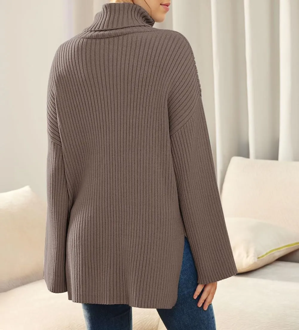 Women's Casual Loose Ribbed Knitted Turtleneck Pullover, 2025 Casual Loose Ribbed Knitted Long Sleeve Chunky Sweater top
