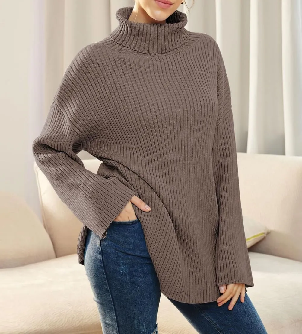 Women's Casual Loose Ribbed Knitted Turtleneck Pullover, 2025 Casual Loose Ribbed Knitted Long Sleeve Chunky Sweater top