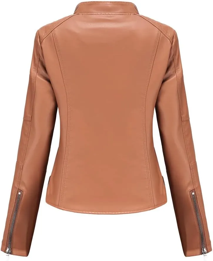 Women's Classic Faux Leather Jacket Stand Collar Zip UP Slim Fit Moto Biker Jacket