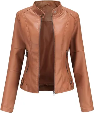 Women's Classic Faux Leather Jacket Stand Collar Zip UP Slim Fit Moto Biker Jacket