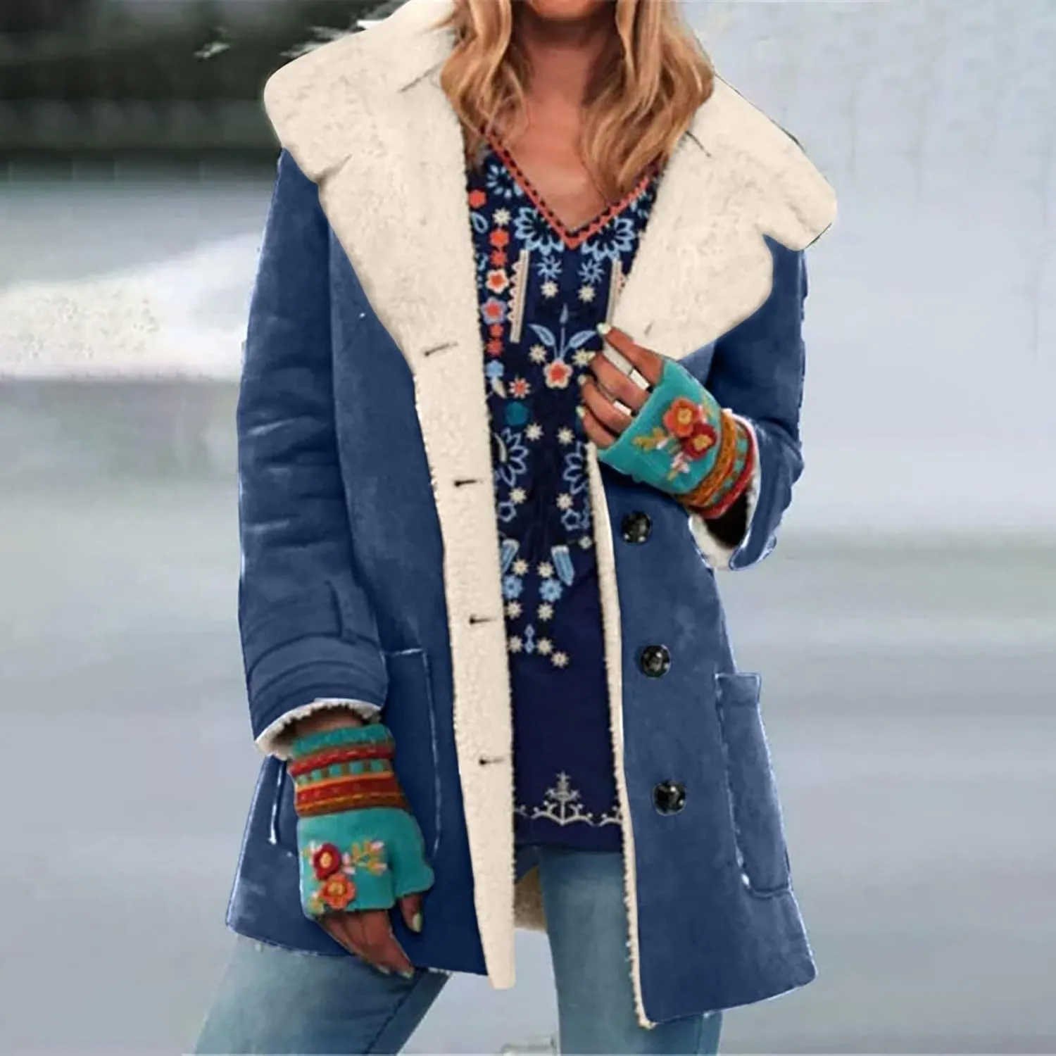 Womens Coats Long Thick Womens Loose Casual Solid Color Lapel Button Pocket Mid Length Long Sleeved Hooded Plush Jacket