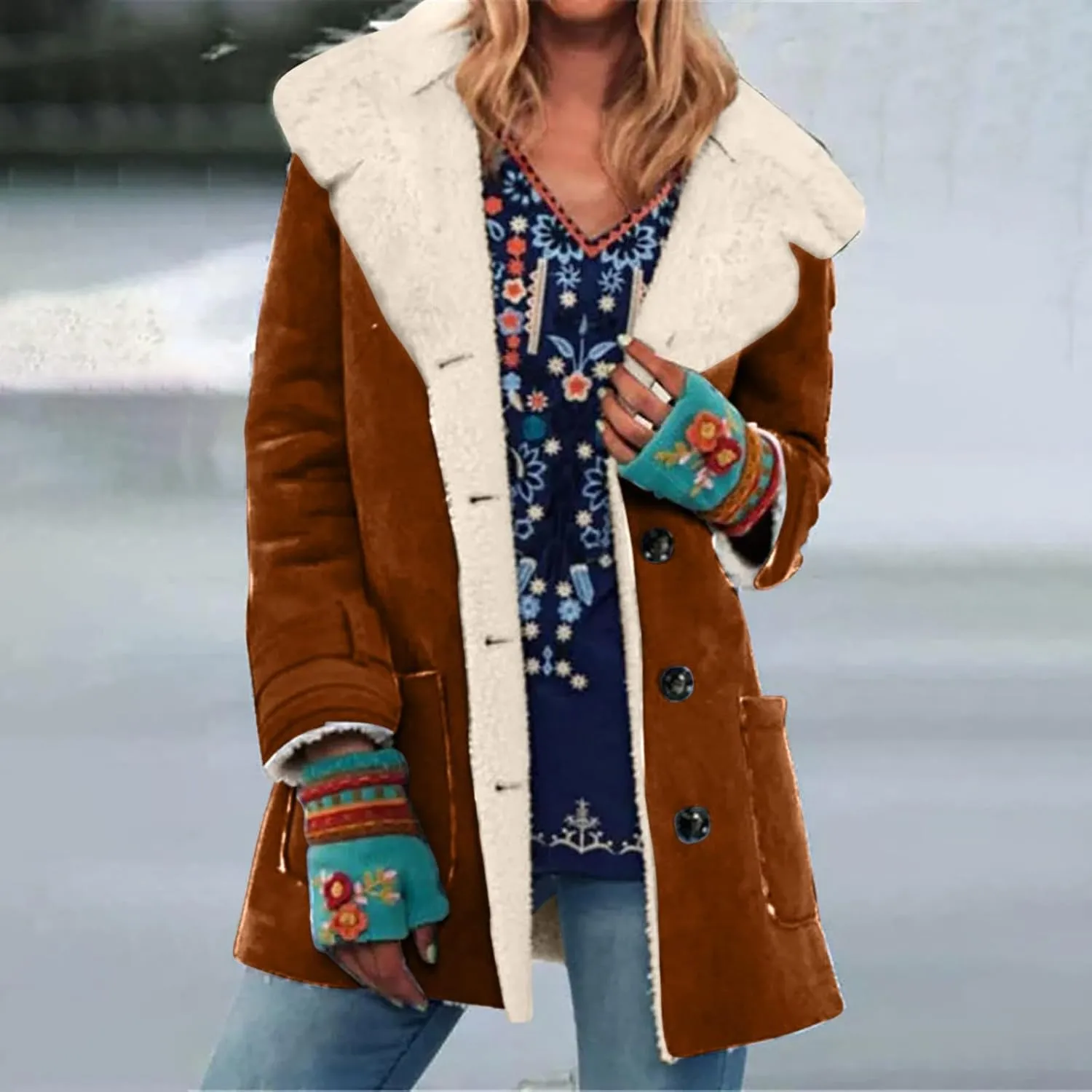 Womens Coats Long Thick Womens Loose Casual Solid Color Lapel Button Pocket Mid Length Long Sleeved Hooded Plush Jacket