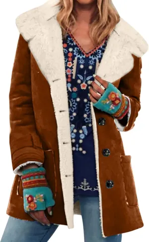 Womens Coats Long Thick Womens Loose Casual Solid Color Lapel Button Pocket Mid Length Long Sleeved Hooded Plush Jacket