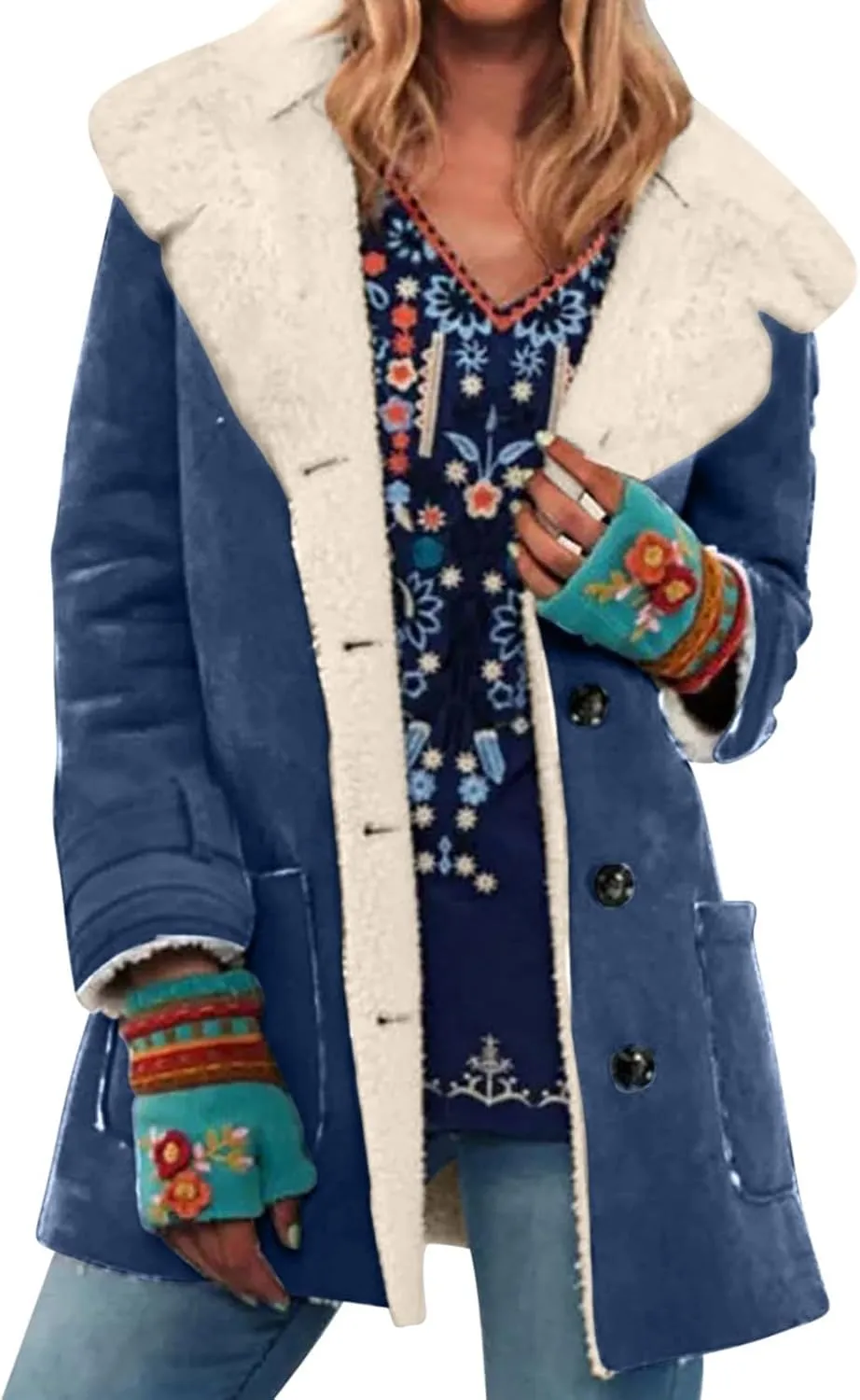 Womens Coats Long Thick Womens Loose Casual Solid Color Lapel Button Pocket Mid Length Long Sleeved Hooded Plush Jacket