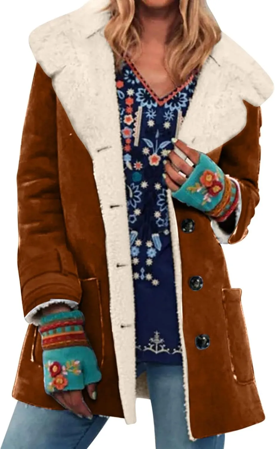 Womens Coats Long Thick Womens Loose Casual Solid Color Lapel Button Pocket Mid Length Long Sleeved Hooded Plush Jacket