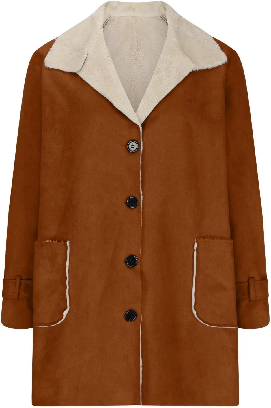 Womens Coats Long Thick Womens Loose Casual Solid Color Lapel Button Pocket Mid Length Long Sleeved Hooded Plush Jacket