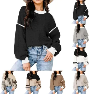 Womens Crewneck Batwing Long Sleeve Striped Sweaters Winter Warm Oversized Ribbed Knit Pullover Tops Trendy Outerwear