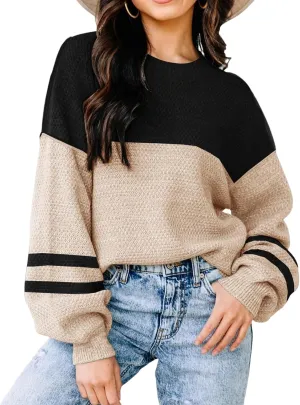 Womens Crewneck Batwing Long Sleeve Striped Sweaters Winter Warm Oversized Ribbed Knit Pullover Tops Trendy Outerwear