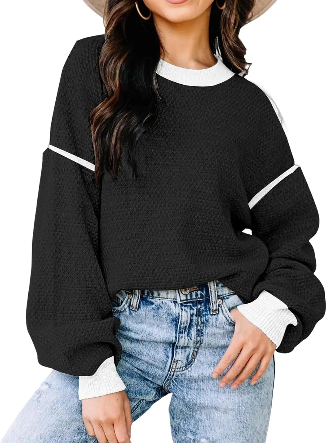 Womens Crewneck Batwing Long Sleeve Striped Sweaters Winter Warm Oversized Ribbed Knit Pullover Tops Trendy Outerwear