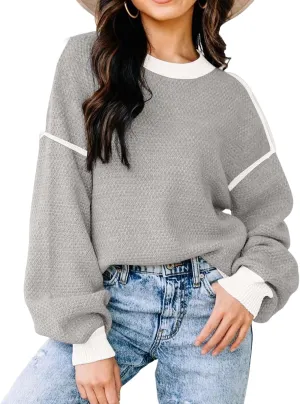 Womens Crewneck Batwing Long Sleeve Striped Sweaters Winter Warm Oversized Ribbed Knit Pullover Tops Trendy Outerwear