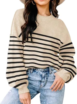 Womens Crewneck Batwing Long Sleeve Striped Sweaters Winter Warm Oversized Ribbed Knit Pullover Tops Trendy Outerwear