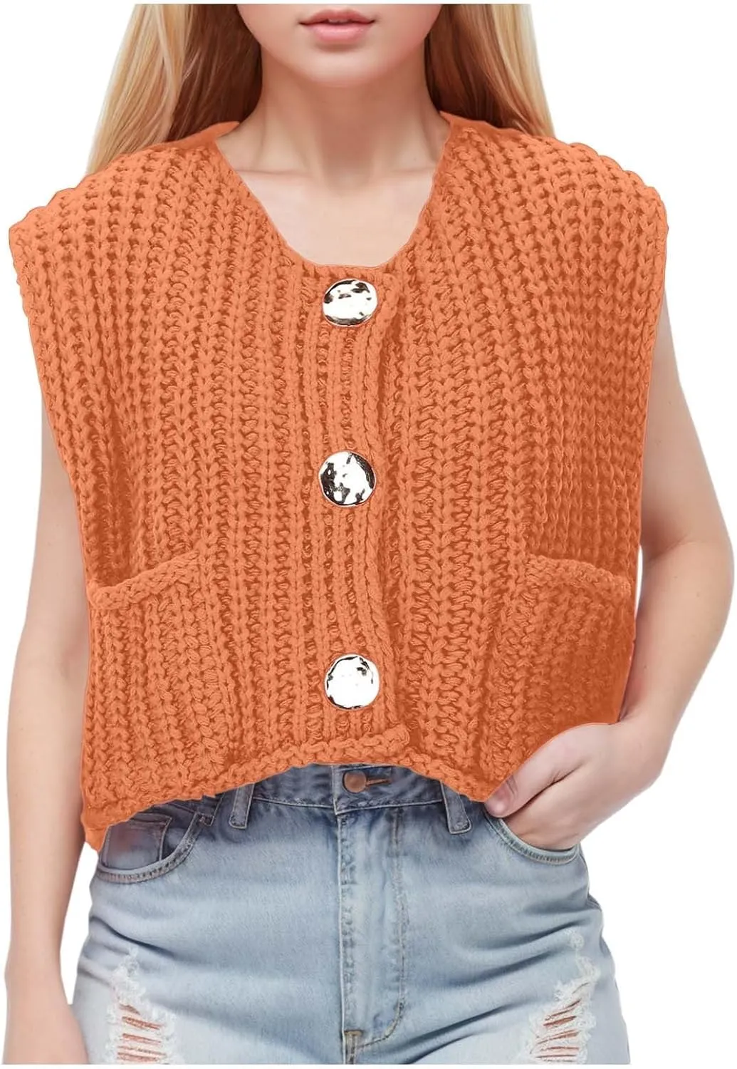 Womens Crochet Chunky Knit Tank Top Sleeveless Button Down Trendy Casual Crop Tops Cardigan Sweater Vest with Pockets
