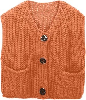Womens Crochet Chunky Knit Tank Top Sleeveless Button Down Trendy Casual Crop Tops Cardigan Sweater Vest with Pockets