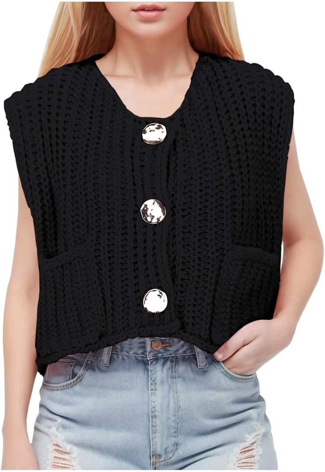 Womens Crochet Chunky Knit Tank Top Sleeveless Button Down Trendy Casual Crop Tops Cardigan Sweater Vest with Pockets