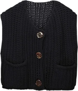 Womens Crochet Chunky Knit Tank Top Sleeveless Button Down Trendy Casual Crop Tops Cardigan Sweater Vest with Pockets