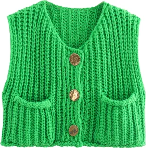 Womens Crochet Knit Top Sleeveless Button Down Crop Top Open Front Sweater Cardigan Vest with Pockets