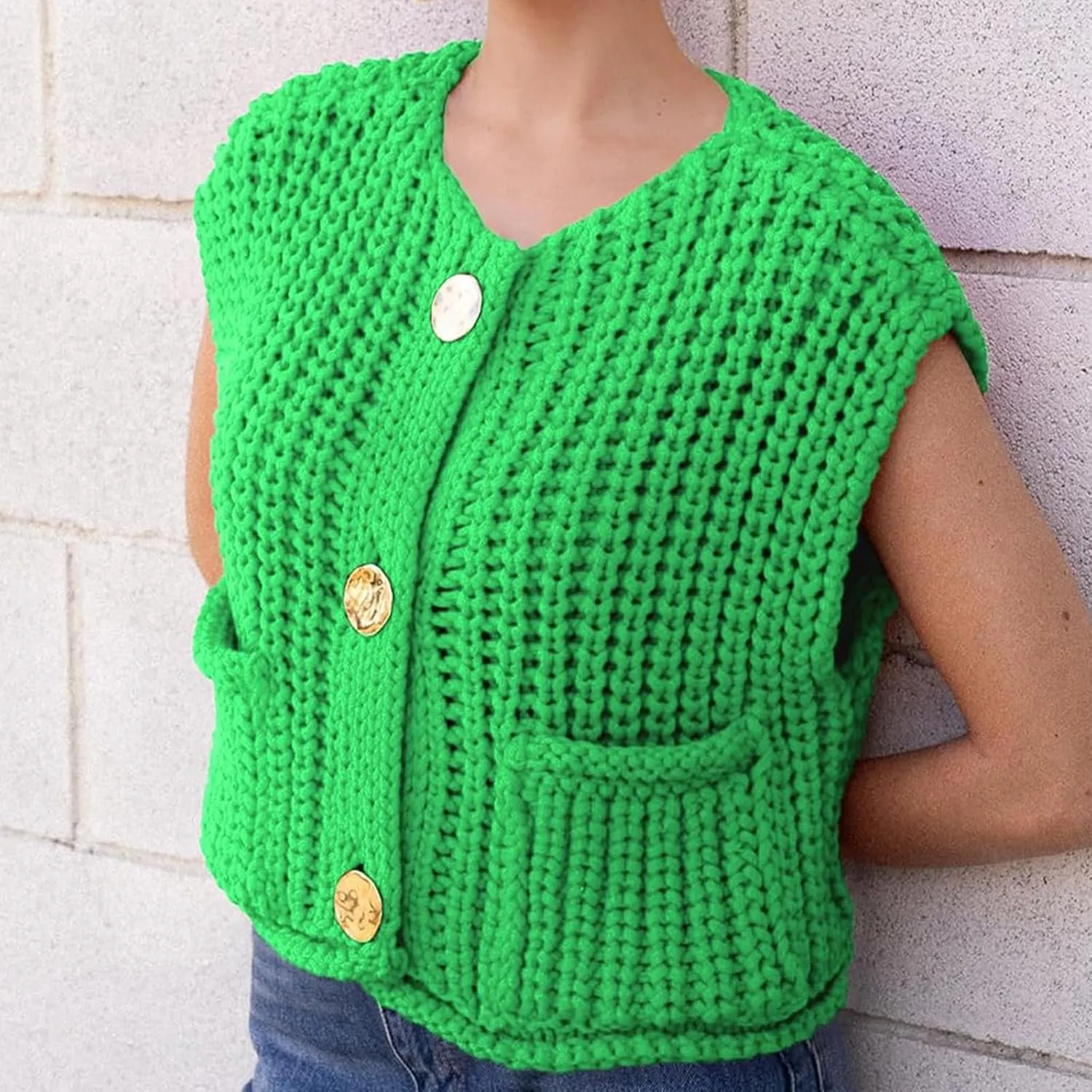Womens Crochet Knit Top Sleeveless Button Down Crop Top Open Front Sweater Cardigan Vest with Pockets