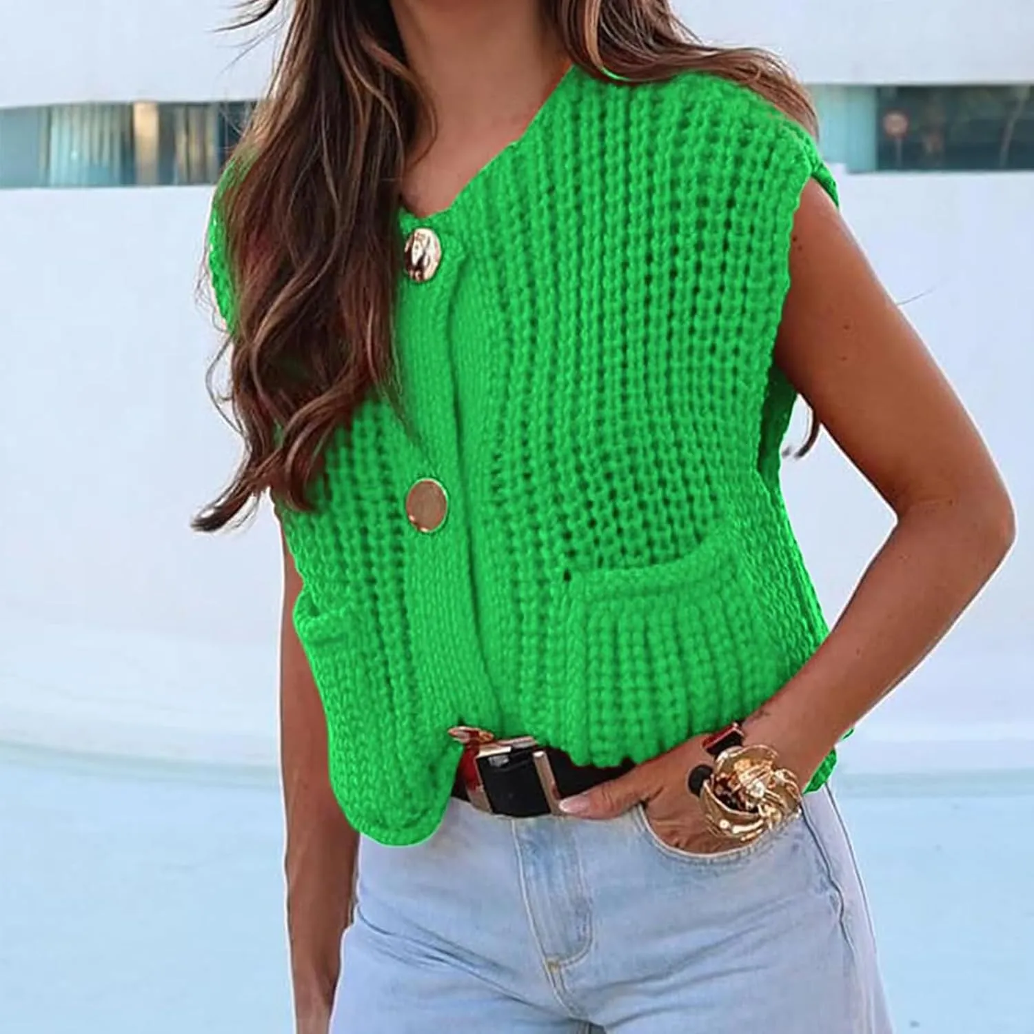 Womens Crochet Knit Top Sleeveless Button Down Crop Top Open Front Sweater Cardigan Vest with Pockets