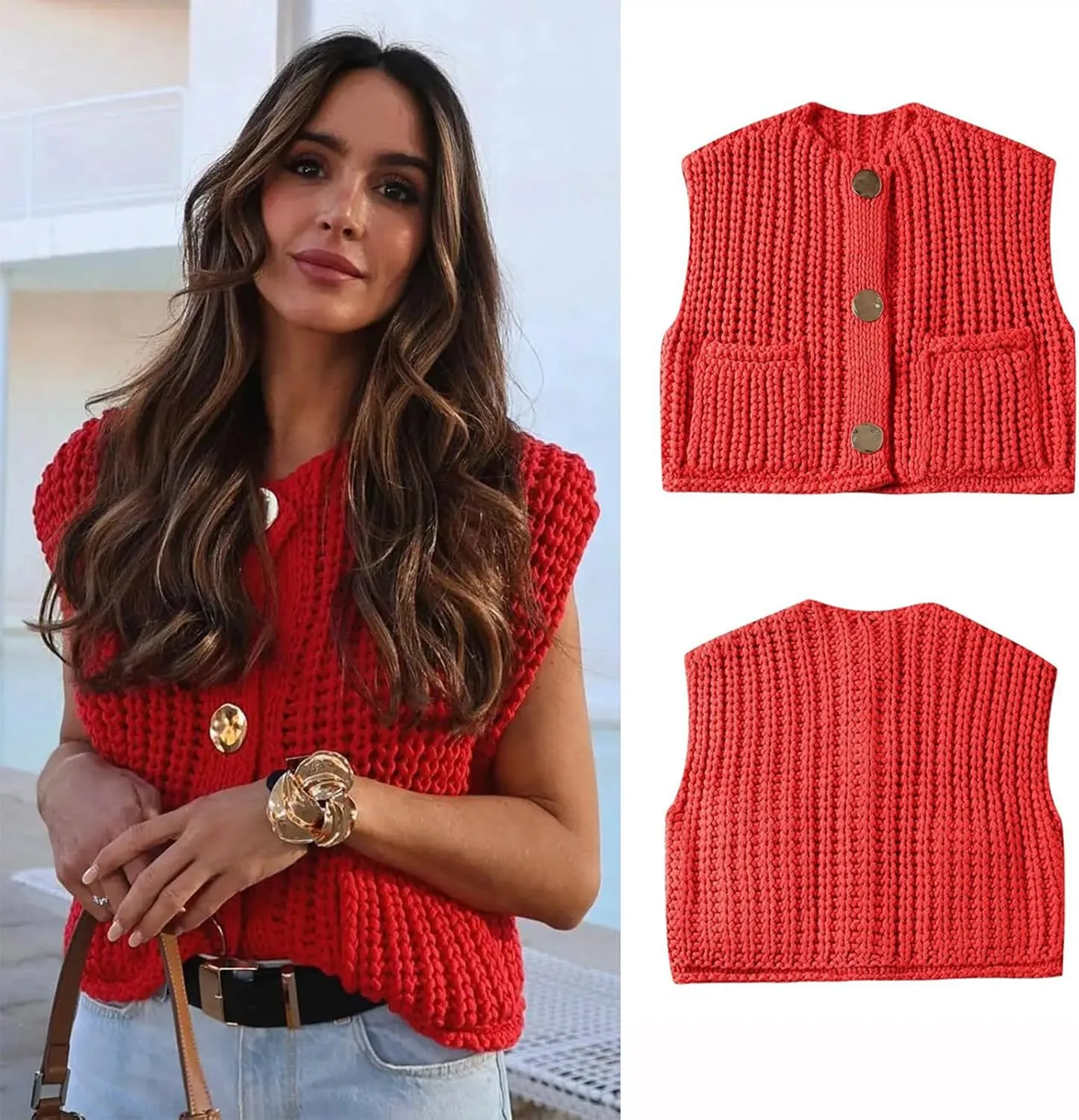 Womens Crochet Knit Top Sleeveless Button Down Crop Top Open Front Sweater Cardigan Vest with Pockets