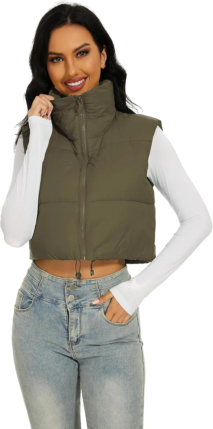 Womens Cropped Puffer Vest Stand Collar Zip Up Lightweight Winter Puffy Jacket Vests Outerwear