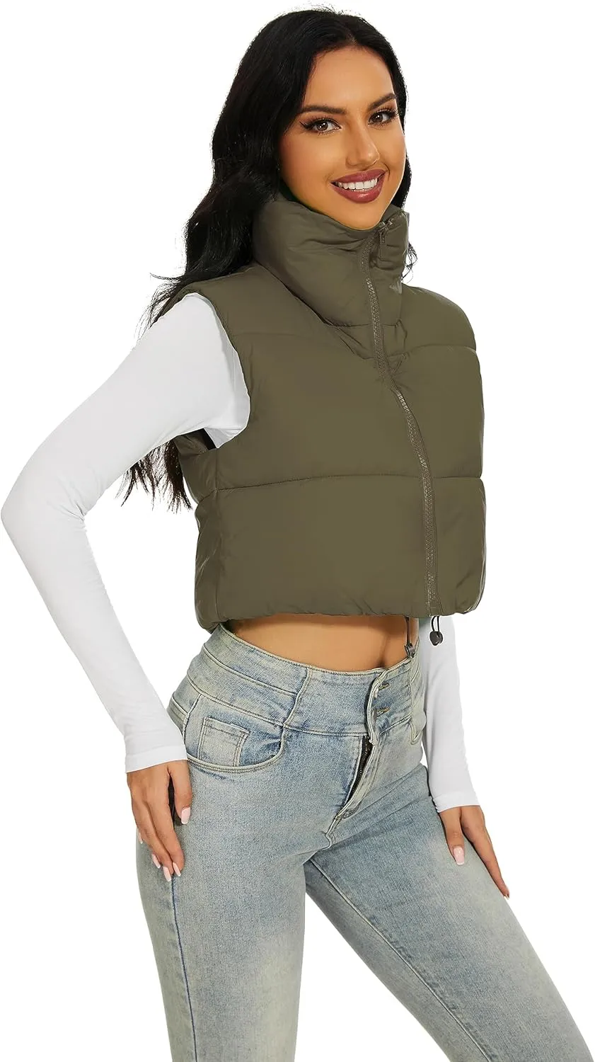 Womens Cropped Puffer Vest Stand Collar Zip Up Lightweight Winter Puffy Jacket Vests Outerwear
