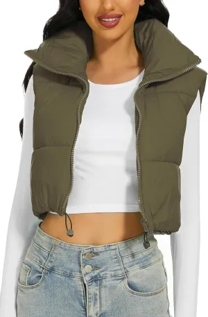 Womens Cropped Puffer Vest Stand Collar Zip Up Lightweight Winter Puffy Jacket Vests Outerwear